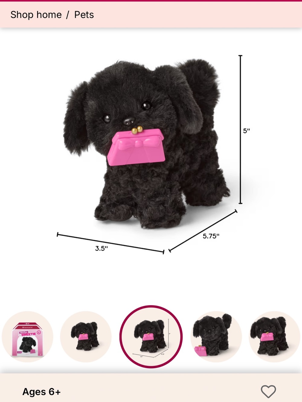 American Girl Black Plush Puppy with Pink Purse